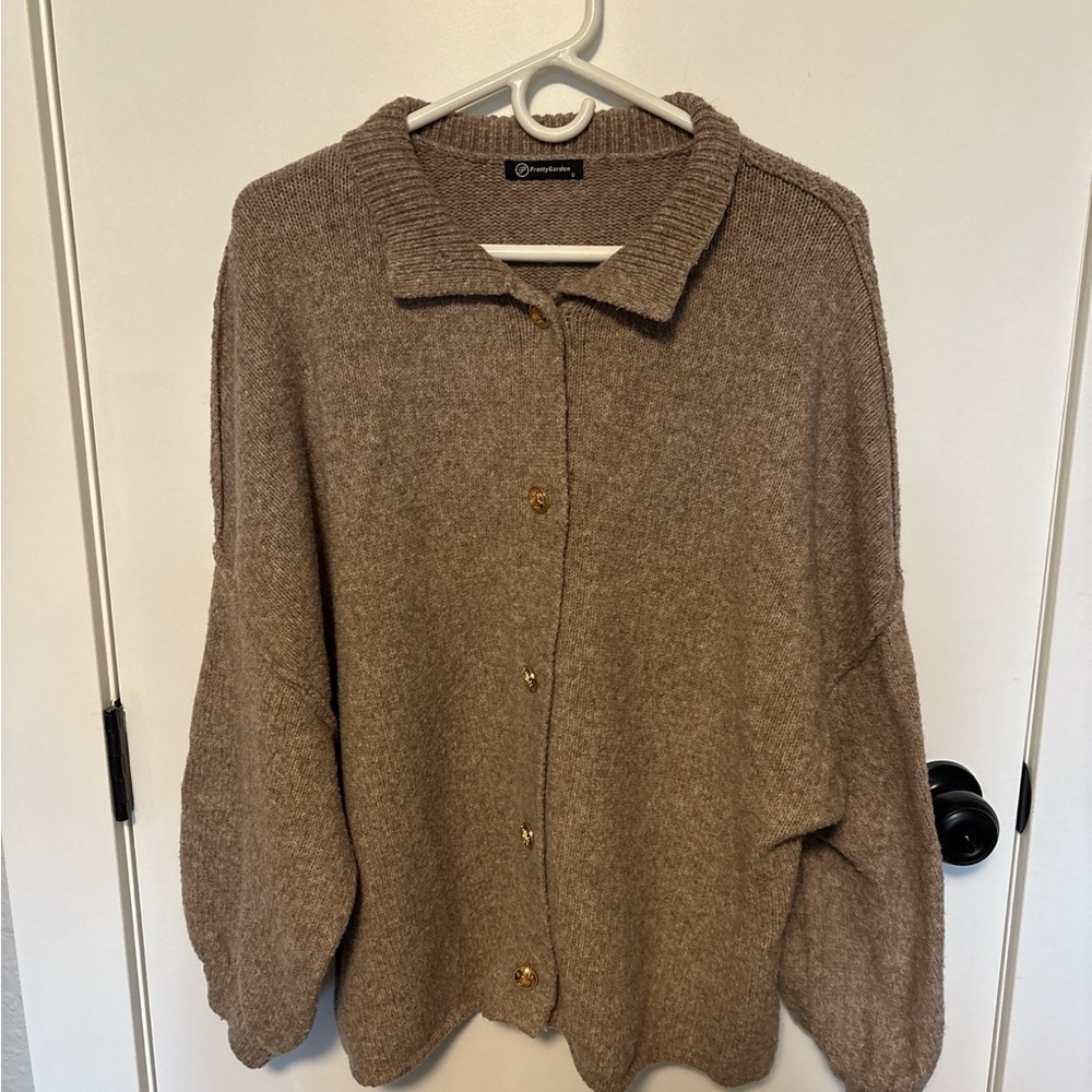 PrettyGarden Taupe Oversized Knit Cardigan w/ Gold Buttons S